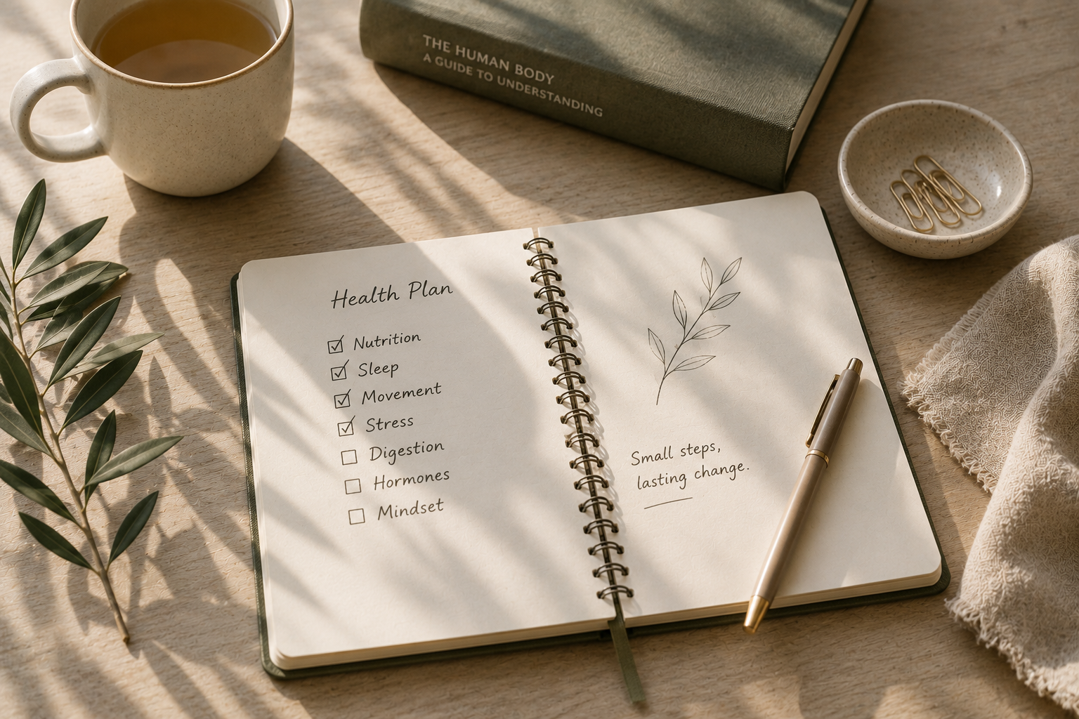 Open health journal, tea, and olive branches in warm natural light