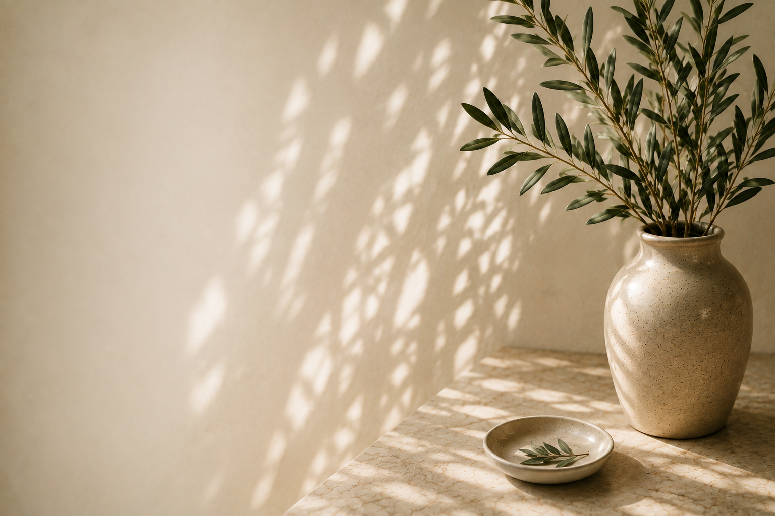 Warm natural still life with olive branches and ceramic objects