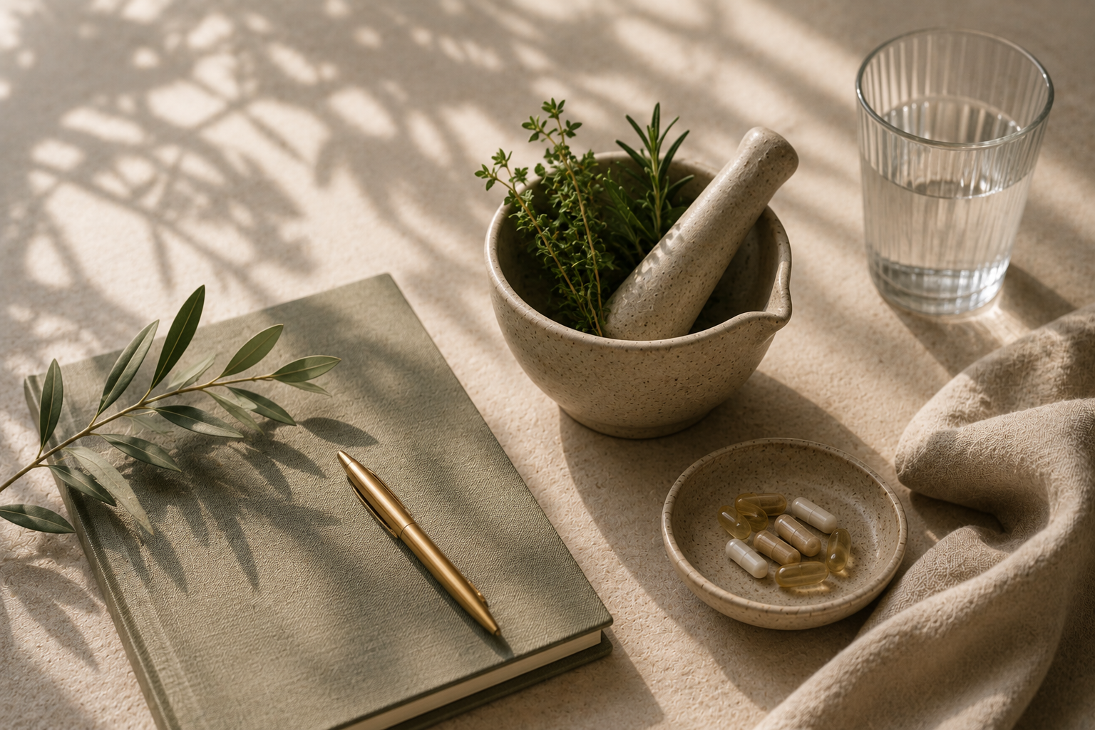 Natural still life with olive branches, herbs, journal, and ceramics